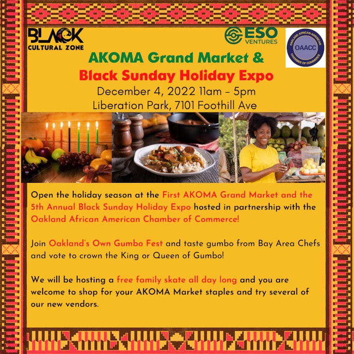 Red and yellow flyer for Akoma Grand market and Black Sunday Holiday Expo