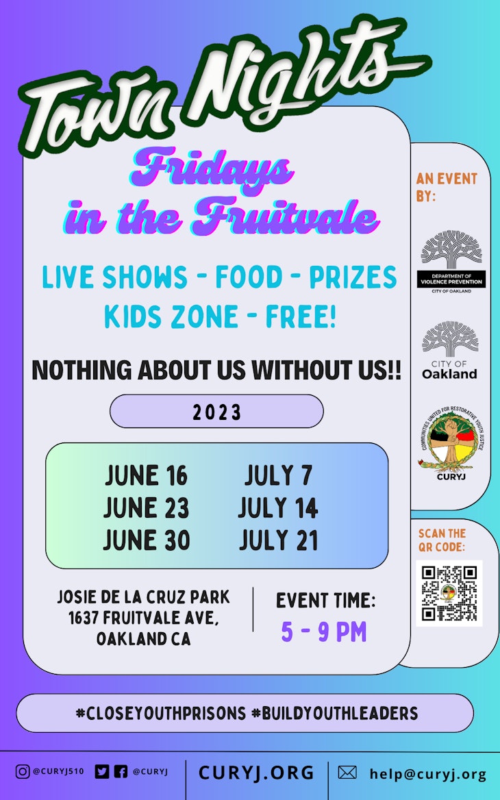 Town Nights Flyer "Fridays in the Fruitvale" in blue text with periwinkle background and event sponsors and dates