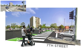 Rendering of the 7th Street Connection project at 7th Street and Market Street. Rendering shows many people crossing the street on a high visibility crosswalk next to bike markings. The intersection is protected.