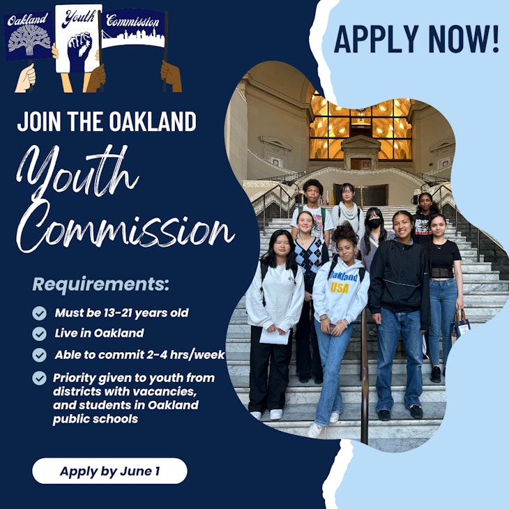 Image is of youth commissioners standing on the steps of city hall. Text says the requirements to join are that you be between the ages of 13-21, live in oakland, can commit 2-4 hours a week, and priority is given to youth from districts in which we have vacancies and public schools in oakland.