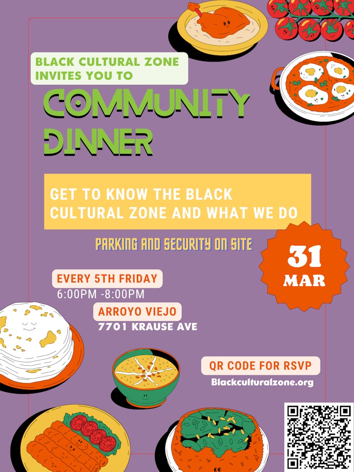 Community Dinner flyer with picture art of foods and and event details