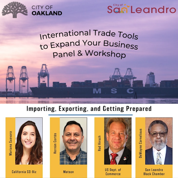 International Trade Tools event flyer with panelists