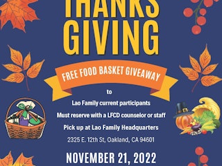 Blue and Orange flyer with event details for LFCD Thanksgiving free food basket giveaway