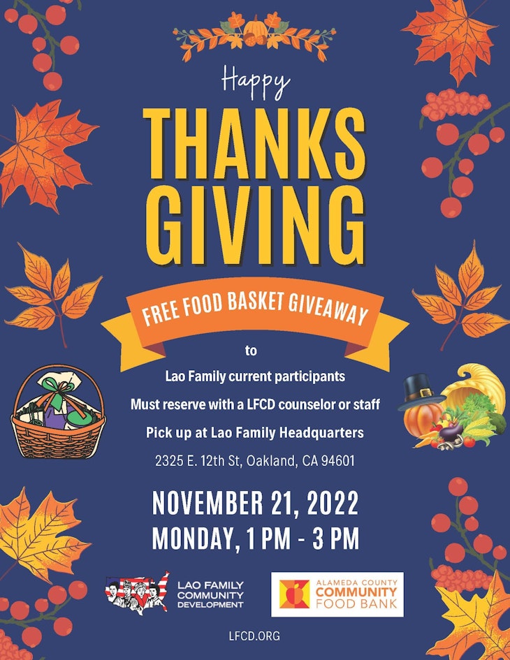 Blue and Orange flyer with event details for LFCD Thanksgiving free food basket giveaway