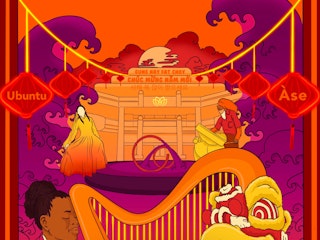 Orange and purple Lunar New Year X Black History Month Flyer featuirng a Black Woman Harpist next to a Chinese Dragon in the forground and the OACC builidng with a Chinese dancer and steel pan drummer in the background. On the OACC building is "Happy New Year" in Chinese and Vietnamese.