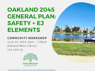 Workshop Flyer with green and black text + cut out photo of lake merritt