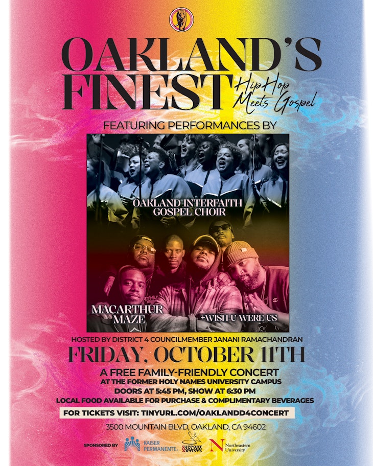 Photo of Oakland Gospel Choir and band MacArthur Maze on red, yellow, and blue background and info about concert time and location