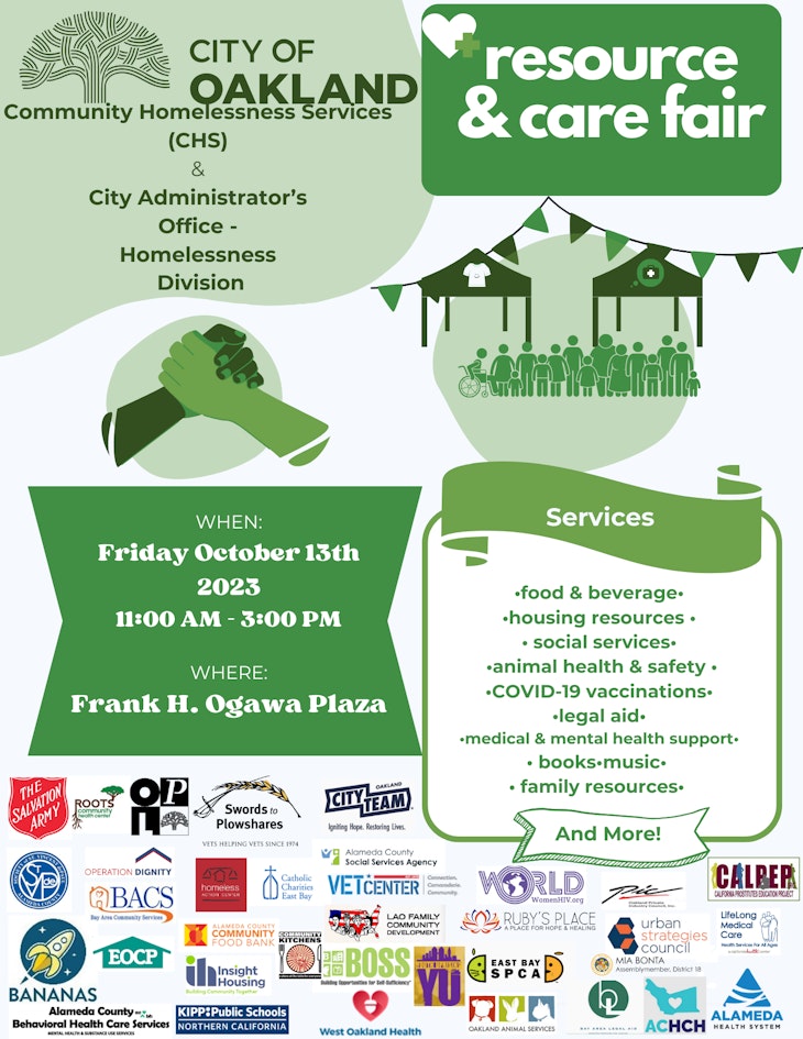 Flyer image describing the Resource + Care Fair event happening in Frank H. Ogawa Plaza on 10/13/23 from 11:00AM-3:00PM. Images of people under a gazebo and a handshake.
