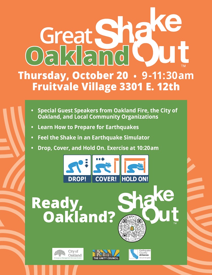 Great Oakland Shake Out flyer reiterating date, time, location, and event information found in the above description.