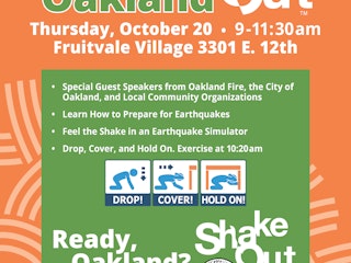 Great Oakland Shake Out flyer reiterating date, time, location, and event information found in the above description.
