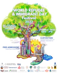 Green tree, cityscape, smiling sun, people walking, and bay bridge. Flyer reads World Refugee & Immigrant Day Festival 2023 with event details and sponsors