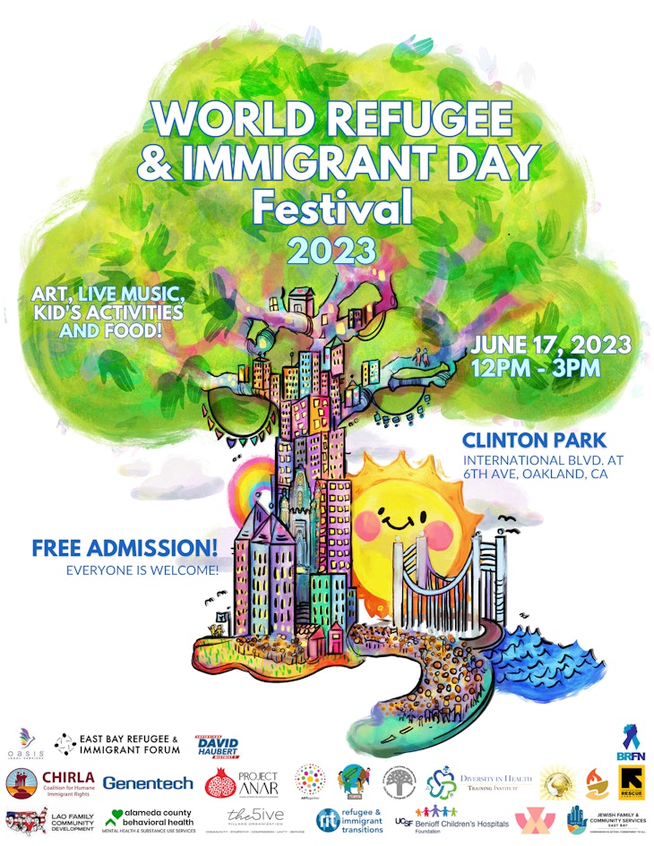 Green tree, cityscape, smiling sun, people walking, and bay bridge. Flyer reads World Refugee & Immigrant Day Festival 2023 with event details and sponsors