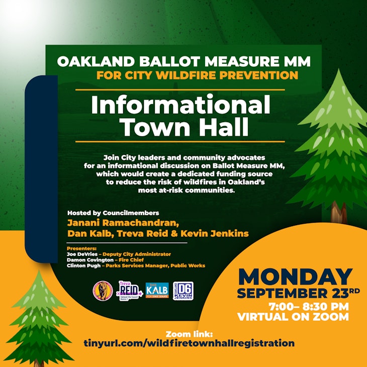 Informational Town Hall Flyer with details for event, on a dark green background with orange and white text and images of trees.