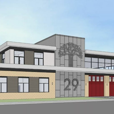 A 3D rendering of the design for the new Fire Station (View from 66th avenue traveling East)
