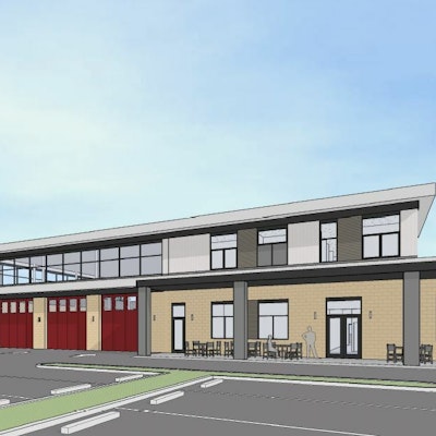 A 3D rendering of the design for the new Fire Station (View of the patio/rear of the station)