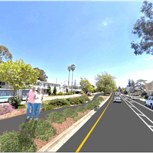 A rendering of the Bancroft Avenue Greenway, with a walking and biking path running down the central median.