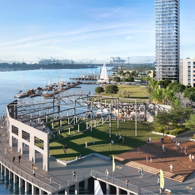 Rendering of the waterfront harbor adjacent to the Brooklyn Basin mixed use development, facing San Francisco. Courtesy Signature Development Group.