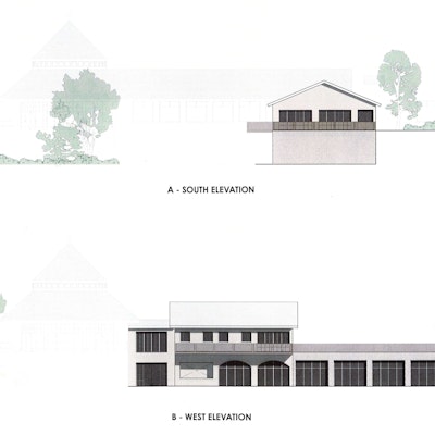 Renderings of Claremont Hotel proposed clubhouse expansion with south & west elevations shown.