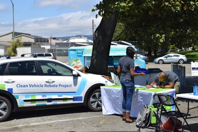 A Clean Vehicle Rebate Project event in Oakland. The image shows an electric vehicle and a man signing up for the program.
