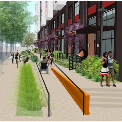 98th Ave. and San Leandro / Madison Park project (PLN18523) rendering, street level view. Courtesy Madison Park.