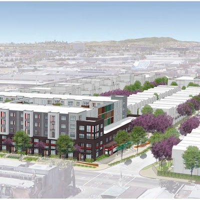98th Ave. and San Leandro / Madison Park project (PLN18523) rendering, showing birdseye view from 98th. Courtesy Madison Park.