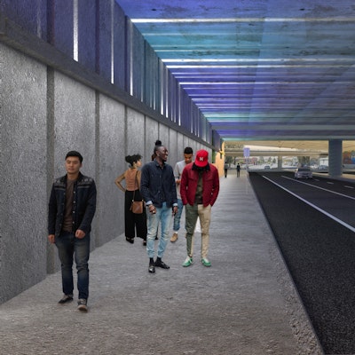 A rendered image of the MacArthur 40th St Underpass Safety Improvement showing people walking under blue and white lighting