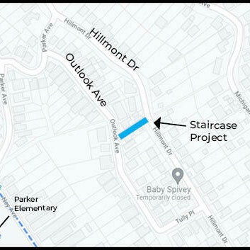 Map showing location of staircase project at 7854 Outlook Ave