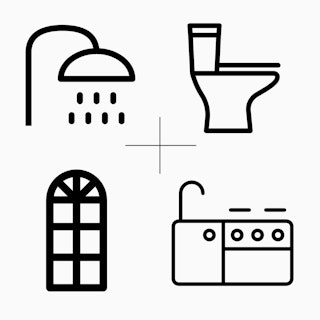 Bathroom, kitchen and window icons montage
