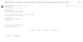 Image of the invitation email message that is sent to all Oakland building permit applicants from Green Halo Services.