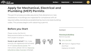 Mechanical, Electrical or Plumbing Permits webpage screenshot
