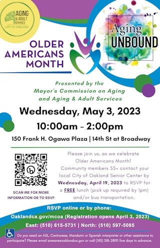 Older Americans Month Event May 3, 2023 10am-2pm Flyer has logo of event and additional information about programming