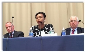 (former) Ceasefire Program Director Reygan Cunningham (center) addresses the National Network for Safe Communities at the National Practitioners Conference at John Jay College