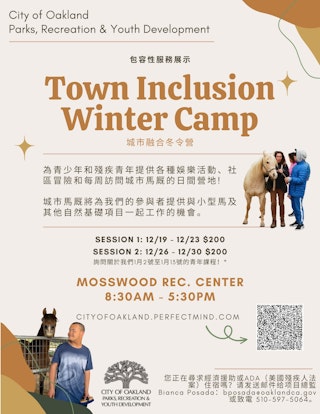 Flyer describing details for a winter camp for teens and young adults with disabilities. The flyer features two photos of young adults with horses.