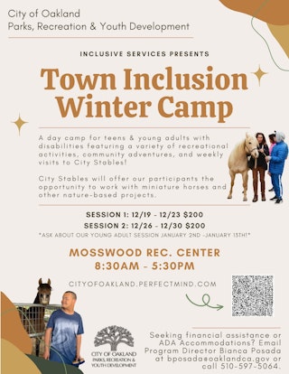 Flyer describing details for a winter camp for teens and young adults with disabilities. The flyer features two photos of young adults with horses.