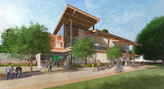 Rendering of Mosswood Community Center designed by LMS Architects and EinwillerKuehl Landscape Architecture