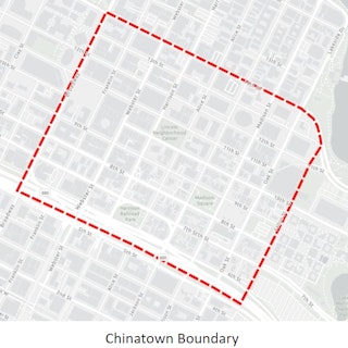 Gray map of downtown Oakland showing Red dashed border along Broadway to the West, 5th St to the North, Fallon St to the East and 14th St to the southChinatown Complete Streets Plan