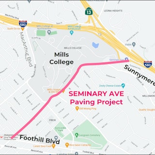 A map showing the segment of Seminary Avenue that will be repaved, from Sunnymere Ave at the top of the hill (near 580), down to Foothill Boulevard. To the west of the northern portion of Seminary stands the Mills College campus.Seminary Avenue Paving Project