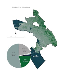 Image shows a map of Oakland color coded for surface type (trees, grasslands, concrete, water)Oakland Urban Forest Plan
