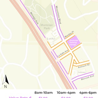 Map showing premium zones in Montclair core and value zones on periphery streetsMontclair Demand-Responsive Parking Meter Rates